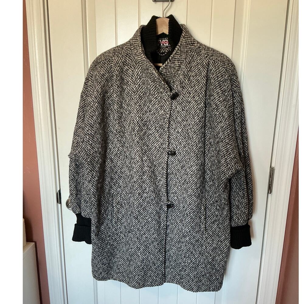 Vintage 80s New York Girl Herringbone Toggle Peacoat W14 Black/White